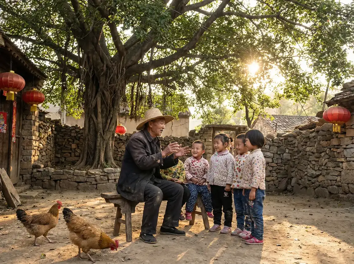 老人在大榕树下给孩子们讲故事 - 禁止的爱善良的小蛦子 在钱 乡村记忆